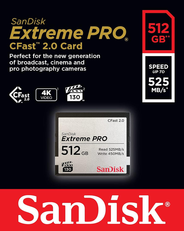 SanDisk Extreme Pro CFast 2.0 Speicherkarte 512 GB (Für Kameras und Camcorder, VPG-130 für 4K Videos