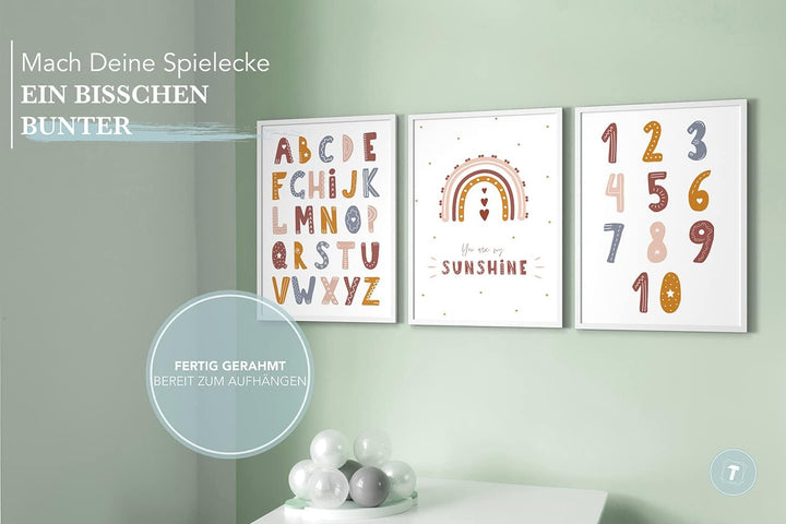 Papierschmiede® Kinderbilder 3er Set Lernposter, A3 gerahmt in Holzrahmen (weiss), Geschenk für Mädc
