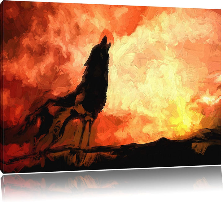 Pixxprint Wolf Heulen als Leinwandbild | Grösse: 100x70 cm | Wandbild | Kunstdruck | fertig bespannt