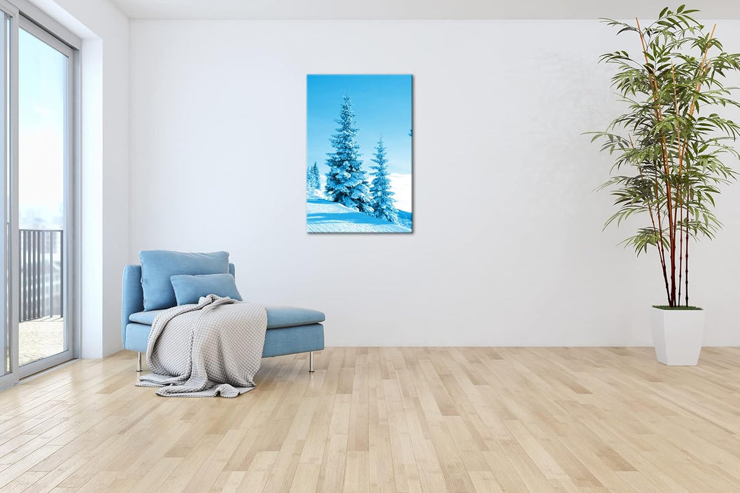 deyoli Schnee bedeckte Tannen Format 80x60 Effekt: Monocrome Blau als Leinwandbild, Motiv fertig ger