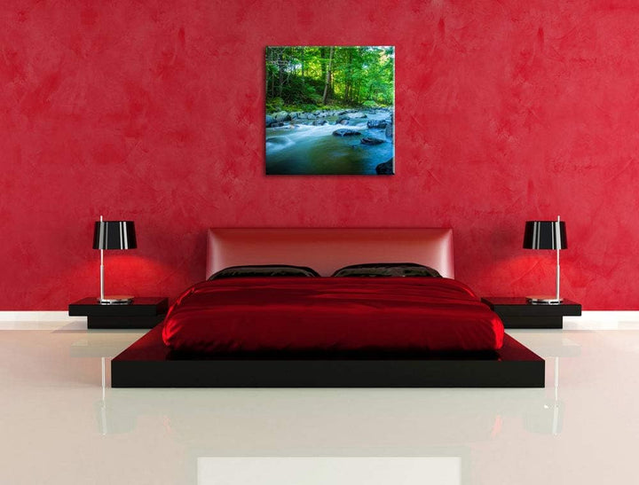 Fluss mit Steinen, Format: 70x70 auf Leinwand, XXL riesige Bilder fertig gerahmt mit Keilrahmen, Kun