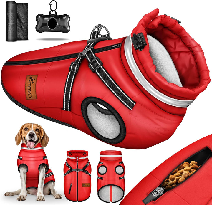 TRESKOยฎ Hundejacke Winter mit Reflektoren inkl. 15 Stรผck Kotbeutel + Spender | Hunderegenmantel wass