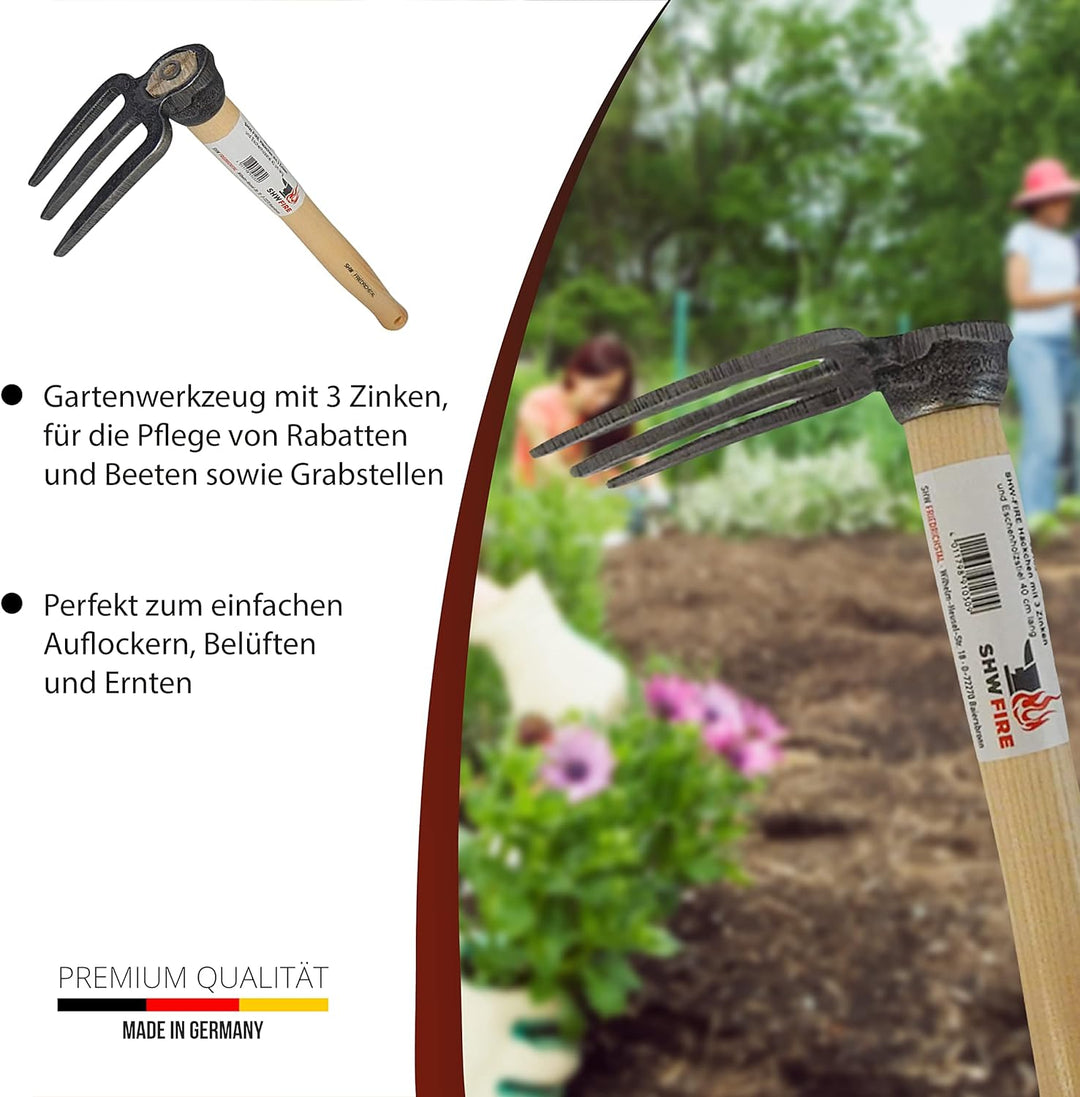 SHW-FIRE Handhacke: 3-Zinken Gartenhacke mit Eschenholzstiel - 40cm kurz - hochwertig geschmiedet