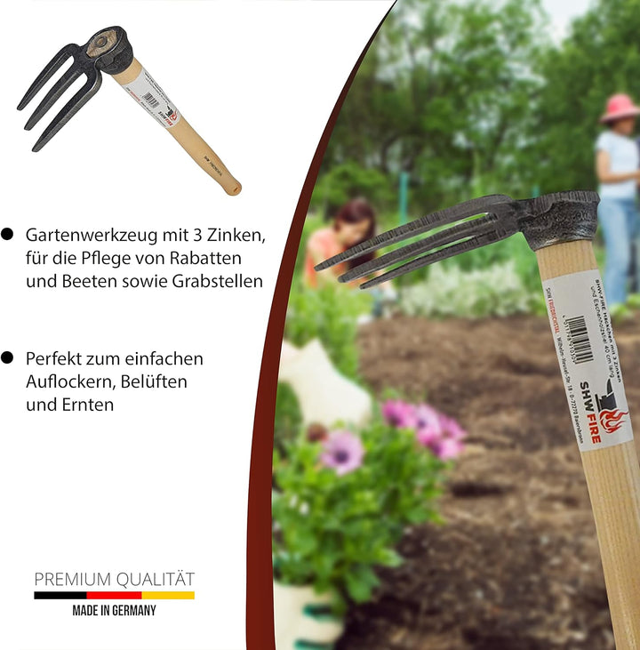 SHW-FIRE Handhacke: 3-Zinken Gartenhacke mit Eschenholzstiel - 40cm kurz - hochwertig geschmiedet