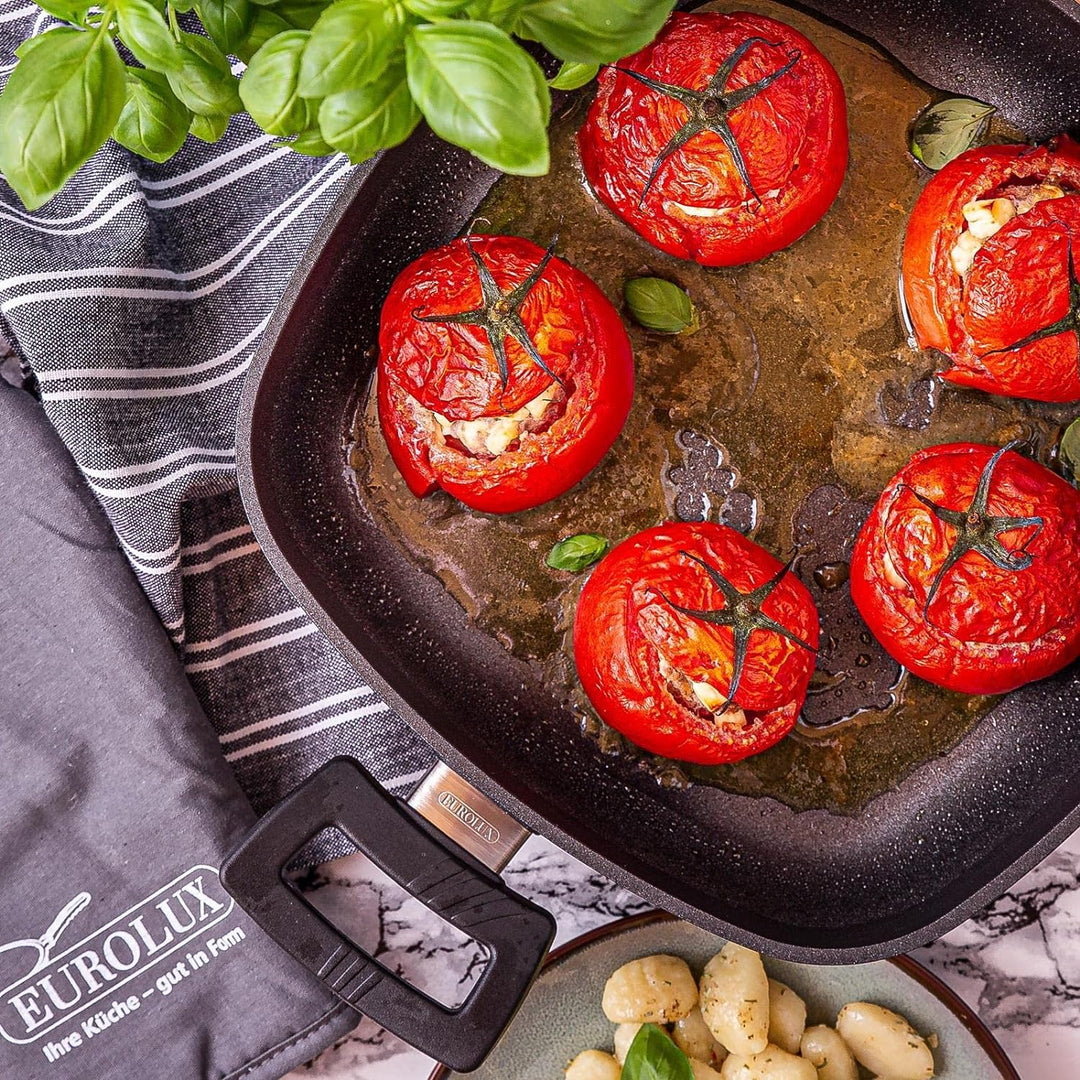 Eurloux Guss-Kasserolle Set & Deckel 28x28 cm - hohe quadratische Universal Bratenkasserolle 6 L mit