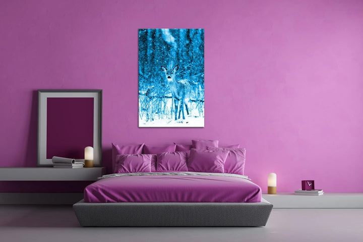 deyoli niedliches Reh im Schnee Format: 80x60 Effekt: Monocrome Blau als Leinwand, Motiv fertig gera