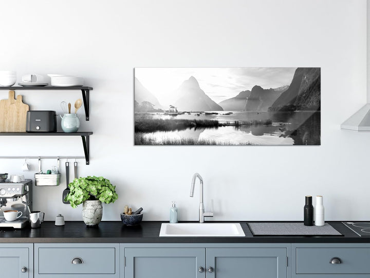 Glasbild Panorama | Wandbild aus Echtglas | Milford Sound Neuseeland | 100x40 cm | inkl. Aufhängung
