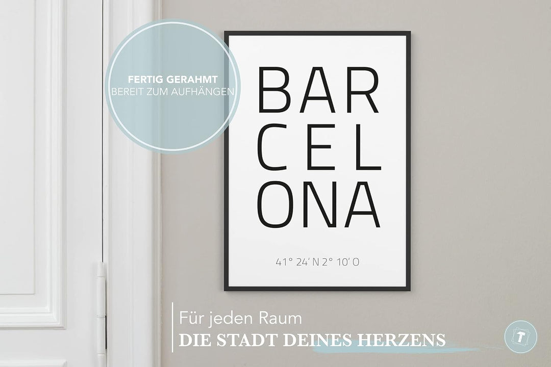 Papierschmiede® Geo Poster Koordinaten Barcelona, A3 Gerahmt im Holzrahmen (schwarz), Stadt Bild als