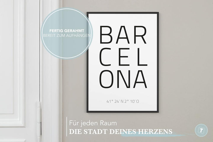 Papierschmiede® Geo Poster Koordinaten Barcelona, A3 Gerahmt im Holzrahmen (schwarz), Stadt Bild als