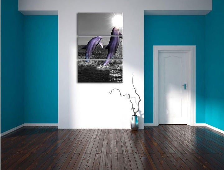 Fröhliche Delfine springen im Meer 3-Teiler Leinwandbild 120x80 Bild auf Leinwand