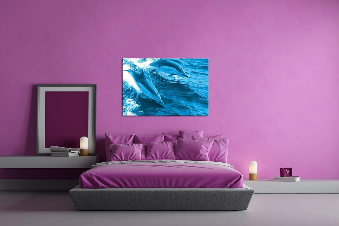 deyoli Verspieltes Delphin paar Format 80x60 Effekt: Monocrome Blau als Leinwandbild, Motiv fertig g