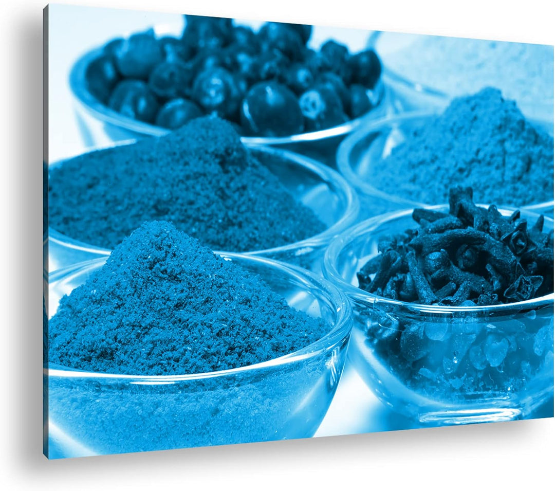 deyoli viele Gläser mit Gewürzen Format 80x60 Effekt: Monocrome Blau als Leinwandbild, Motiv fertig