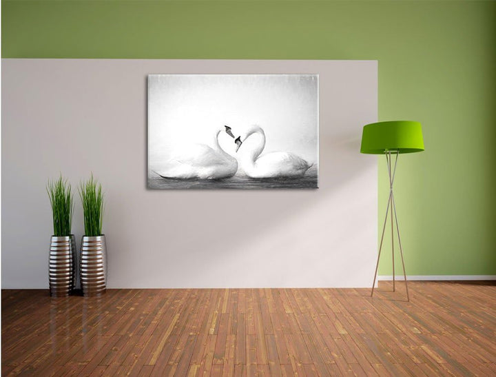 Pixxprint Zwei Schwäne auf dem Wasser Kunst / 100x70cm Leinwandbild bespannt auf Holzrahmen/Wandbild