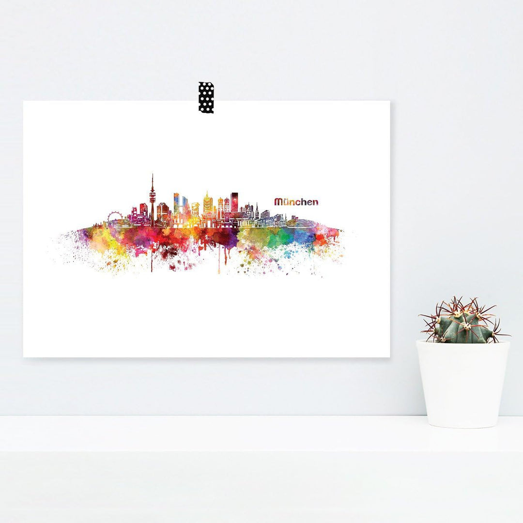 JUNIWORDS Poster mit/ohne Holzrahmen, Wähle ein Motiv, Aquarell Skyline München, Wähle eine Grösse,