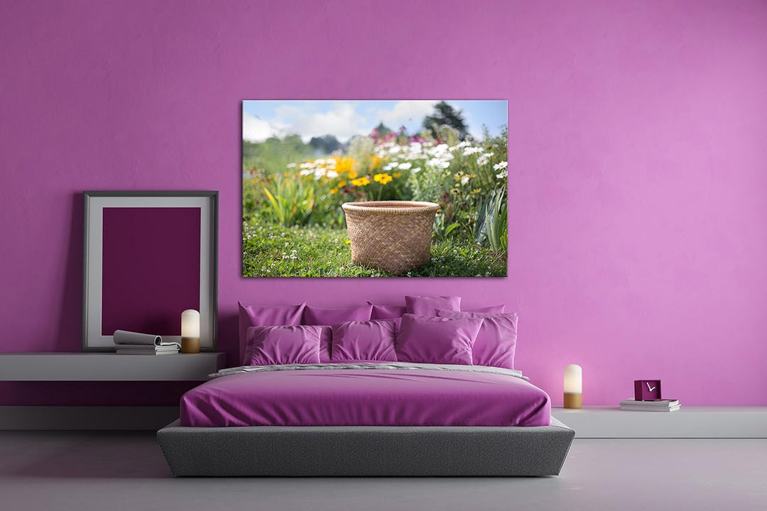deyoli Weidenkorb am Blumenbett Format: 80x60 als Leinwand, Motiv fertig gerahmt auf Echtholzrahmen,