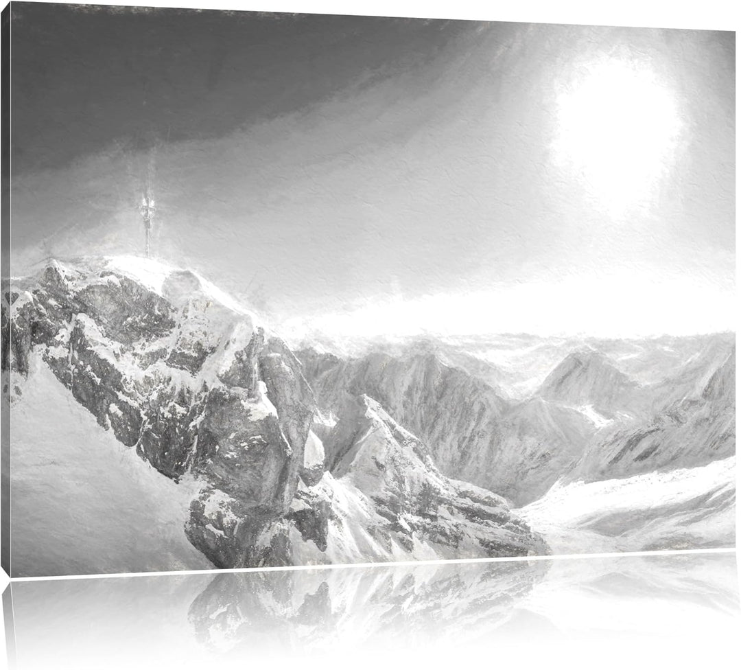 Pixxprint Zugspitze im Sonnenlicht Kohle Zeichnung Effekt, Format: 100x70 auf Leinwand, 100x70