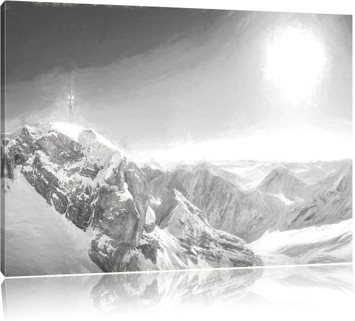 Pixxprint Zugspitze im Sonnenlicht Kohle Zeichnung Effekt, Format: 100x70 auf Leinwand, 100x70
