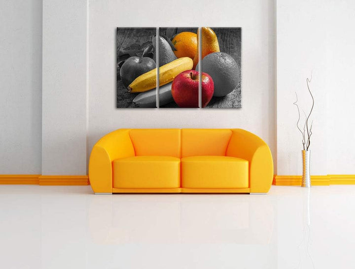 Frisches Obst auf Holztisch schwarz/weiss 3-Teiler Leinwandbild 120x80 Bild auf Leinwand, XXL riesig
