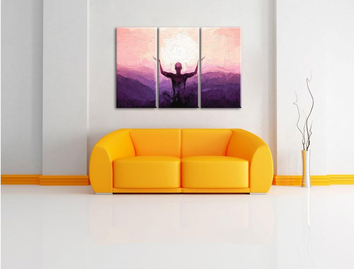 Pixxprint Yoga in den Bergen Kunst Pinsel Effekt 3-Teiler Leinwandbild 120x80 Bild auf Leinwand