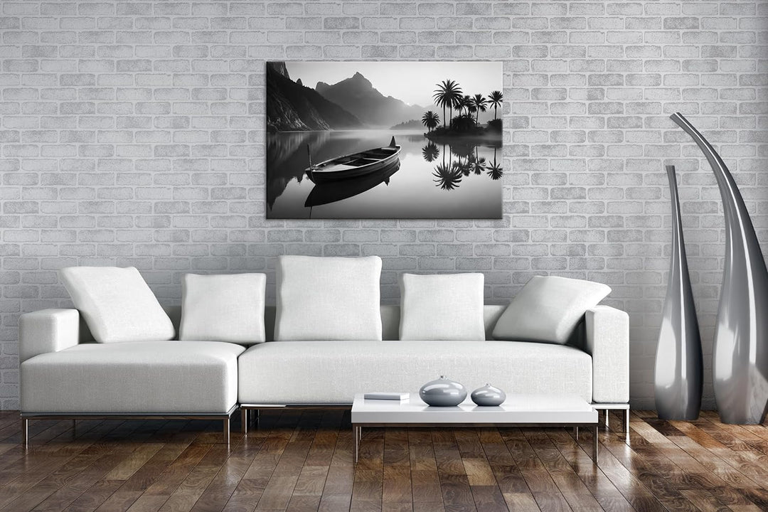 deyoli Palme mit Boot am Strand Format: 80x60 cm Effekt: Schwarz/Weiss als Leinwandbild, Motiv ferti