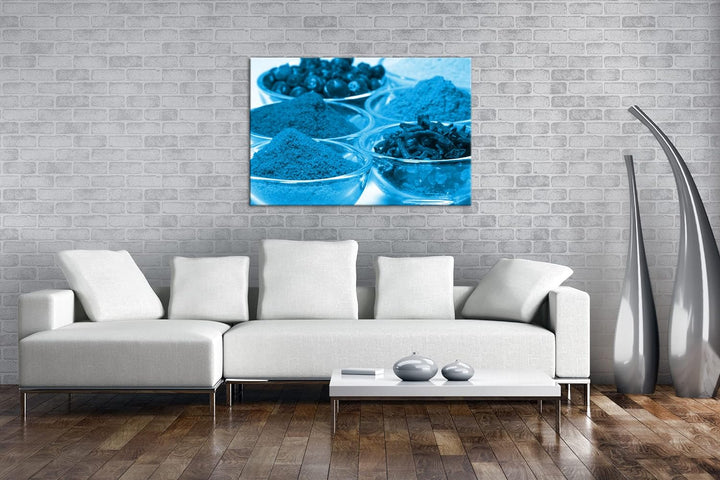 deyoli viele Gläser mit Gewürzen Format 80x60 Effekt: Monocrome Blau als Leinwandbild, Motiv fertig
