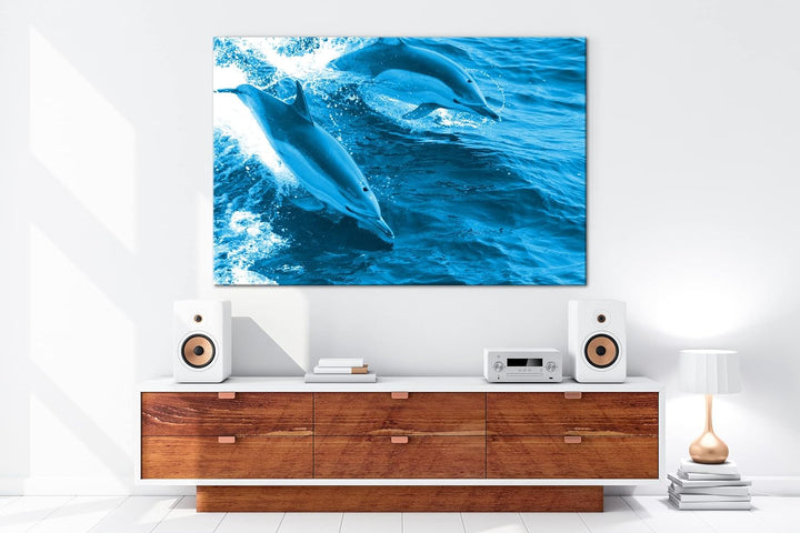 deyoli Verspieltes Delphin paar Format 80x60 Effekt: Monocrome Blau als Leinwandbild, Motiv fertig g