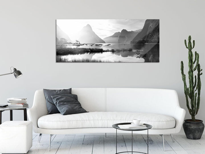 Glasbild Panorama | Wandbild aus Echtglas | Milford Sound Neuseeland | 100x40 cm | inkl. Aufhängung