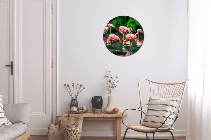 MuchoWow Wandbild Rund Wanddeko Deko Wohnzimmer Bilder 30x30 cm Flamingo - Tropisch - Vogel - Wasser