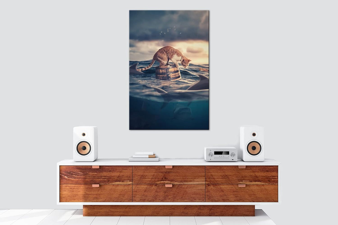 deyoli Katze im Hai verseuchten Gewässer Format: 120x80 als Leinwandbild, Motiv fertig gerahmt auf E