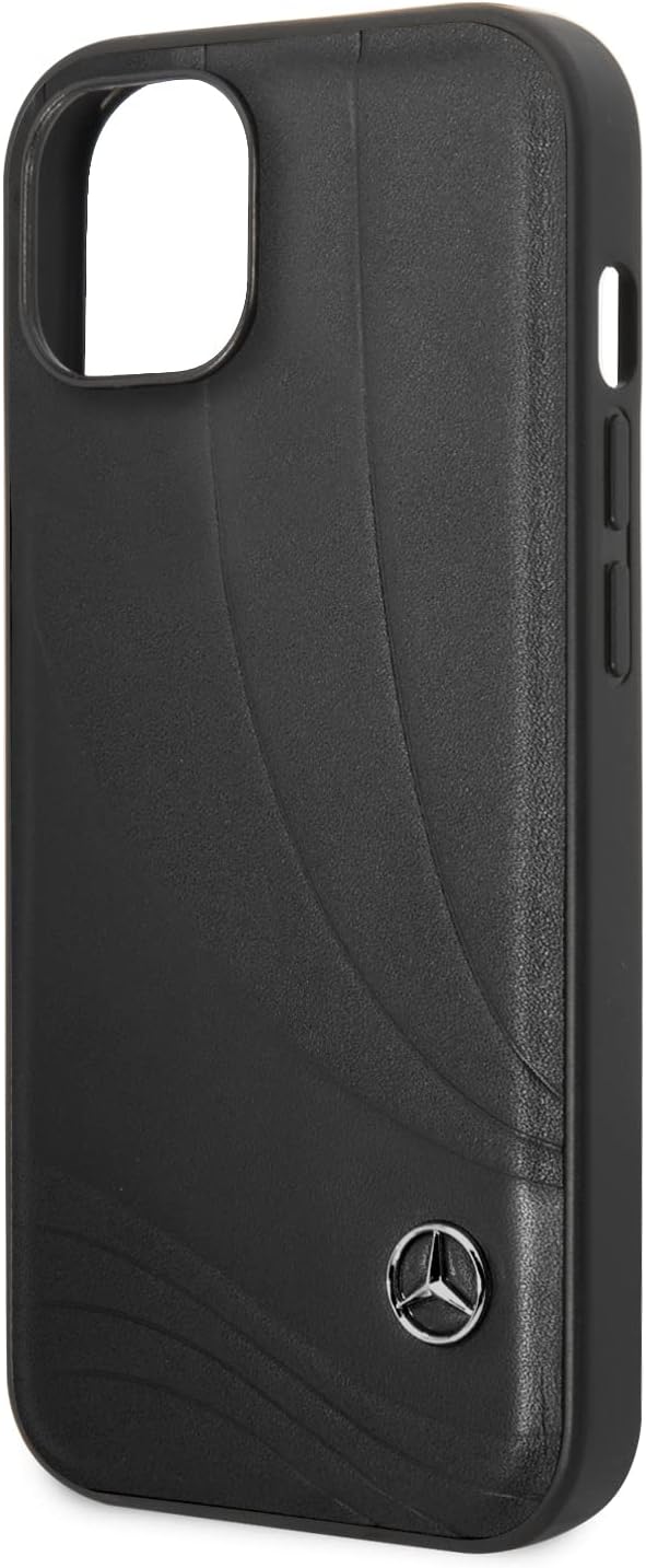 CG MOBILE Mercedes-Benz Handyhülle für iPhone 14 Plus in schwarzem Wellenmuster, Echtleder-Schutzhül