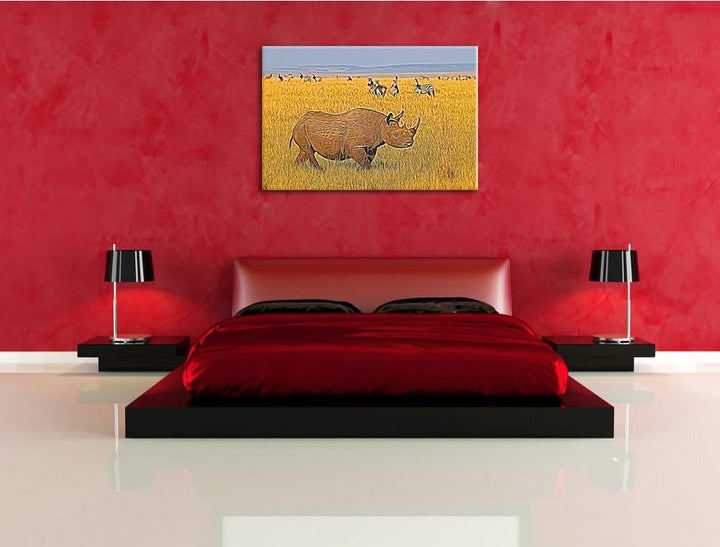 grosses Nashorn mit Zebrahorde Spezial Format: 100x70 cm auf Leinwand, XXL riesige Bilder fertig ger