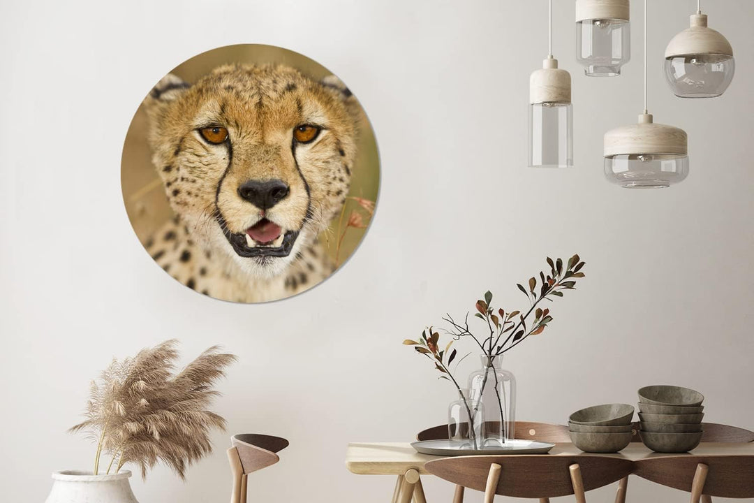MuchoWow Wandbild Rund Wanddeko Deko Wohnzimmer Bilder 90x90 cm Leopard - Kopf - Pflanzen, 90x90 cm