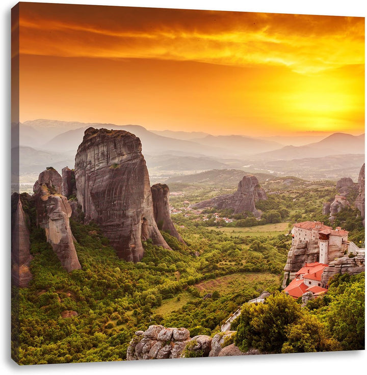 Häuser auf Felsen, Format: 70x70 auf Leinwand, XXL riesige Bilder fertig gerahmt mit Keilrahmen, Kun