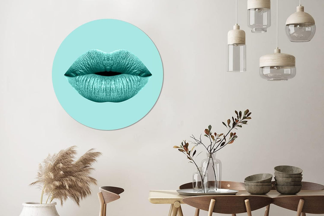 MuchoWow Wandbild Rund Wanddeko Deko Wohnzimmer Bilder 90x90 cm Lippen - Pastell - Blau, 90x90 cm