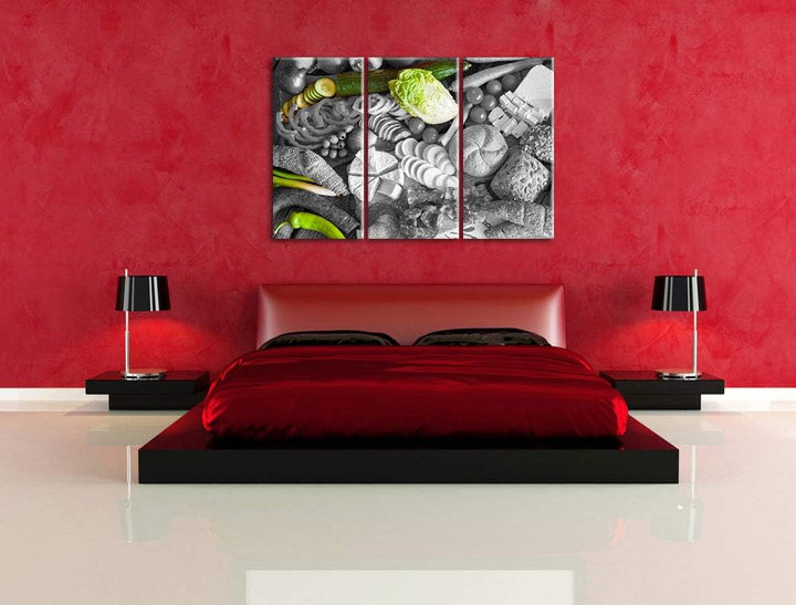 Früstücksplatte mit Gemüse schwarz/weiss 3-Teiler Leinwandbild 120x80 Bild auf Leinwand, XXL riesige