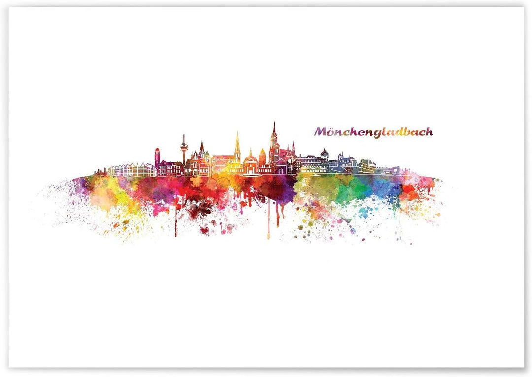 JUNIWORDS Poster mit/ohne Holzrahmen, Wähle ein Motiv, Aquarell Skyline Mönchengladbach, Wähle eine
