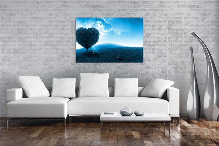 deyoli romantischer Herzförmiger Baum Format 100x70 Effekt: Monocrome Blau als Leinwandbild, Motiv f