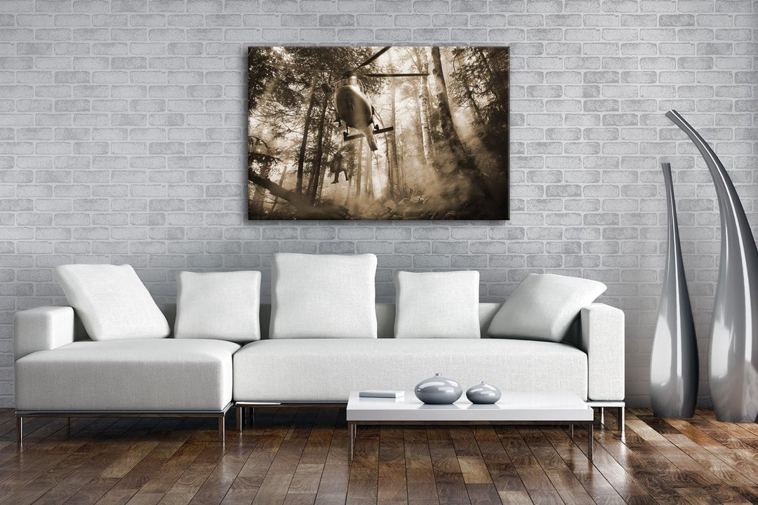 deyoli Rettungshubschrauber bei Waldbrand Format: 60x40 Effekt: Sepia als Leinwand, Motiv fertig ger