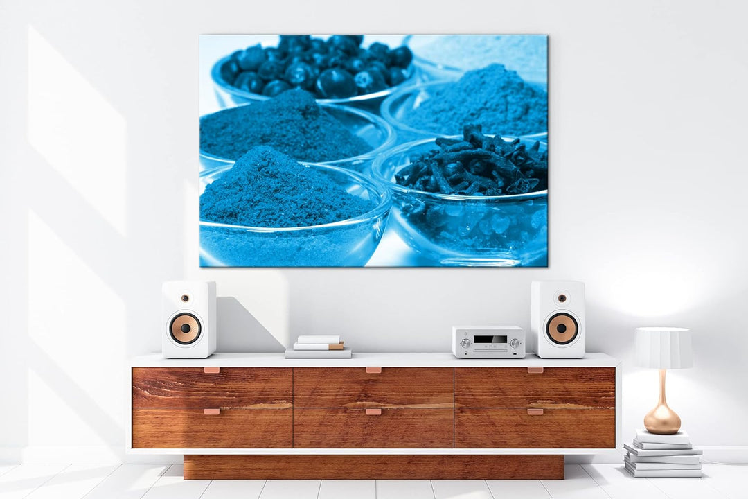 deyoli viele Gläser mit Gewürzen Format 80x60 Effekt: Monocrome Blau als Leinwandbild, Motiv fertig