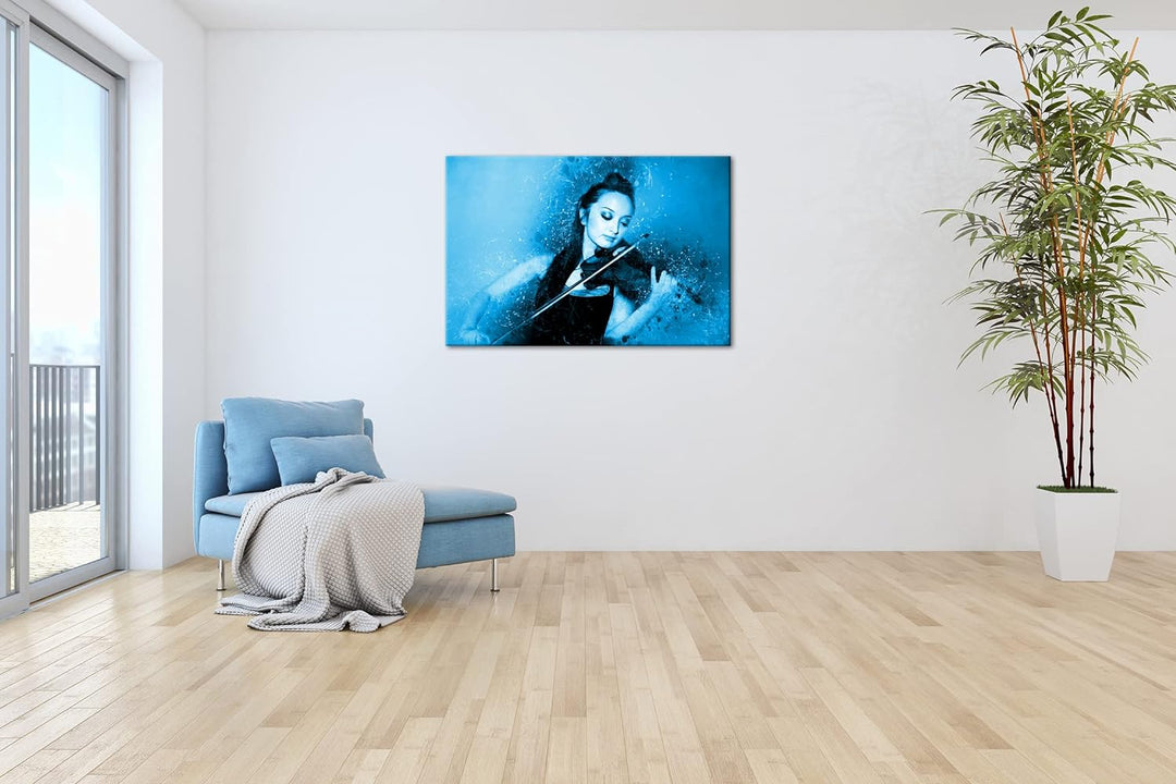 deyoli schöne Frau spielt Geige Format 80x60 Effekt: Monocrome Blau als Leinwandbild, Motiv fertig g
