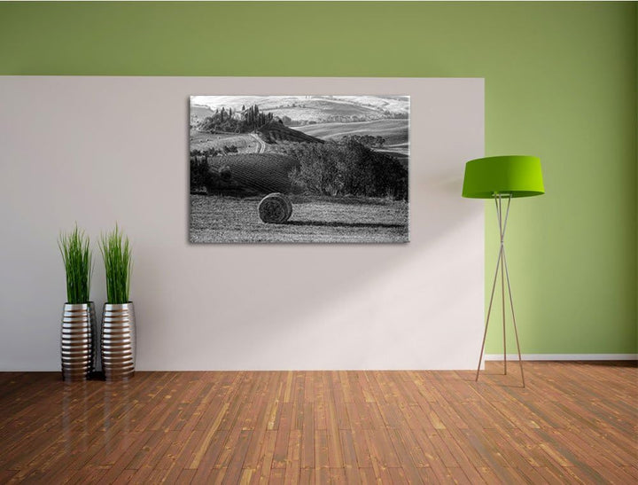 Heuballen in der Toskana Landschaft schwarz/weiss Format: 100x70 auf Leinwand, XXL riesige Bilder fe