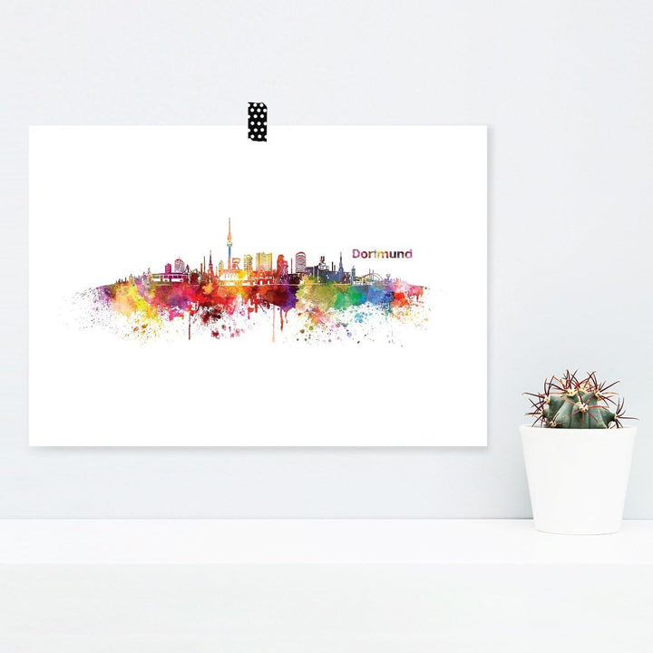 JUNIWORDS Poster mit/ohne Holzrahmen, Wähle ein Motiv, Aquarell Skyline Dortmund, Wähle eine Grösse,