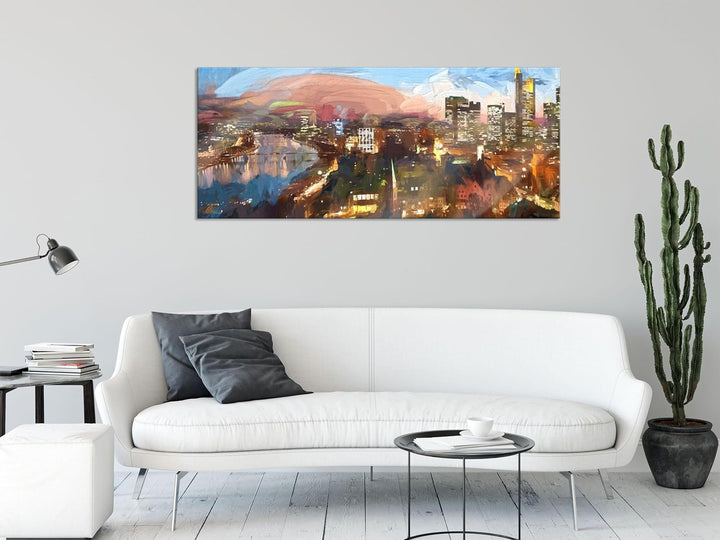 Glasbild Panorama | Wandbild aus Echtglas | Frankfurt am Main Skyline | 100x40 cm | inkl. Aufhängung
