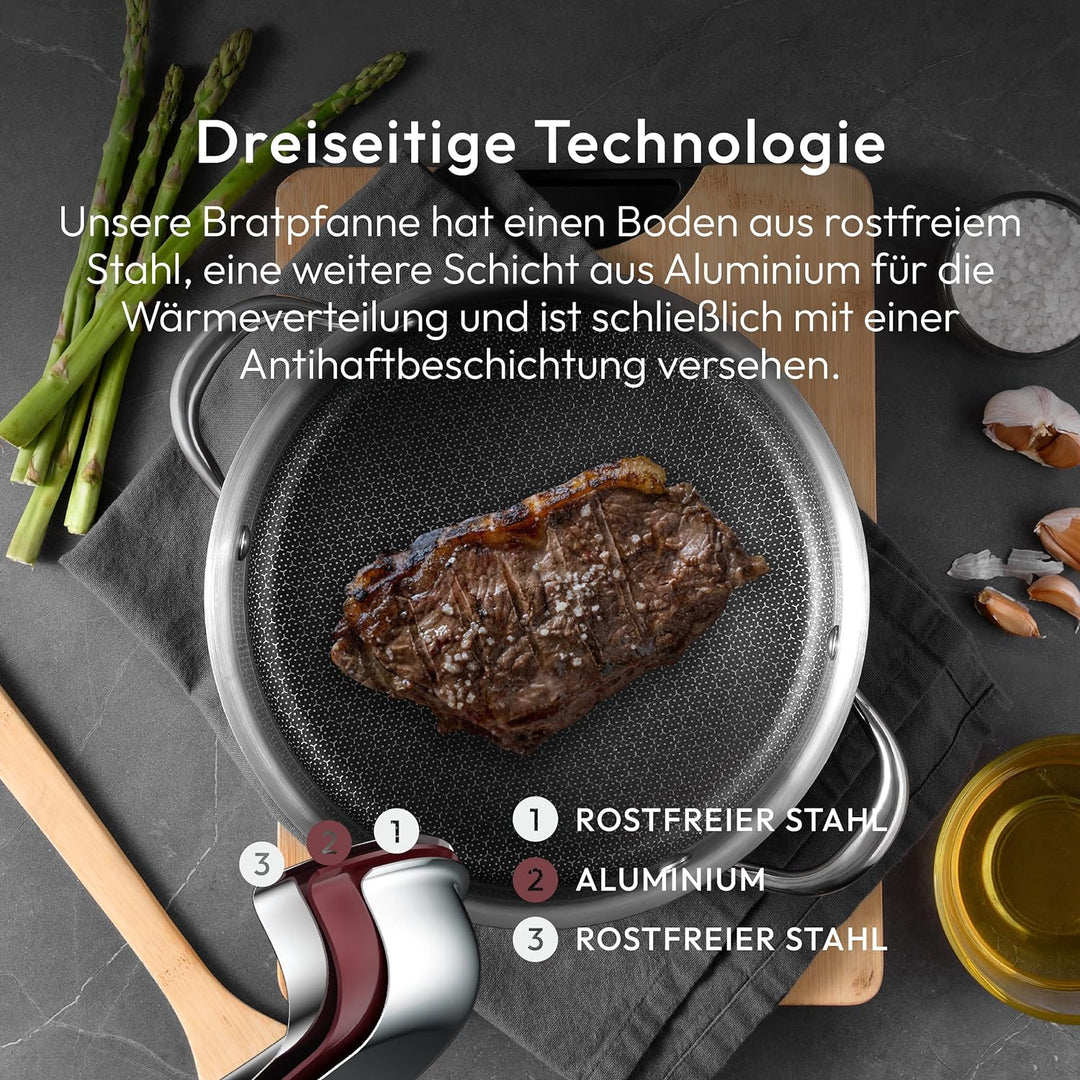 MasterPro Hi-Tech 3 | Topf 28 cm | Edelstahl mit Wabenstruktur | 3-Fache Beschichtung | Küchenutensi