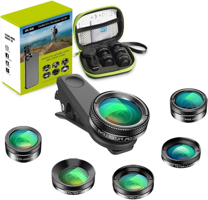 Apexel 6-in-1 Handy-Kameraobjektiv-Set, Weitwinkelobjektiv + Makroobjektiv + Fischaugenobjektiv + ND