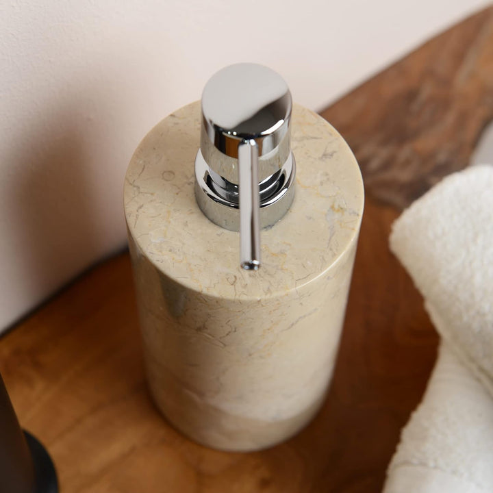 WOHNFREUDEN Marmor Seifenspender Creme 15 cm - Bad Seifenspender Stein Accessoire