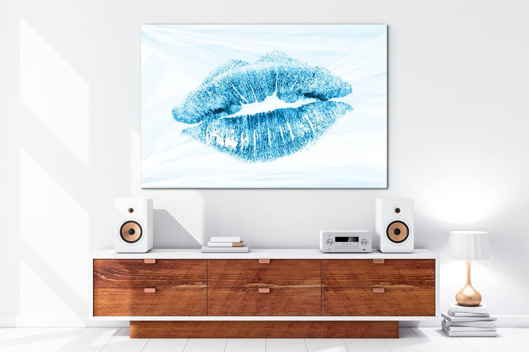 deyoli Roter Lippenstift Abdruck Format 80x60 Effekt: Monocrome Blau als Leinwandbild, Motiv fertig