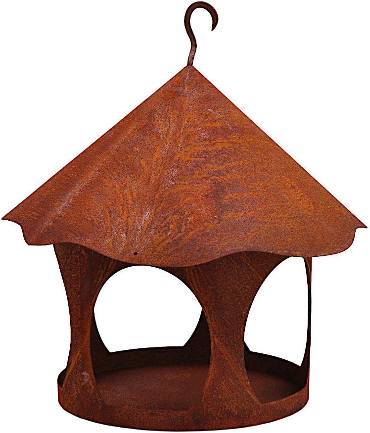 Vogelhaus Futterstelle rund Metall Rost Deko mit Haken zum Aufhängen 28cm/20cm Durchmesser 35 cm hoc