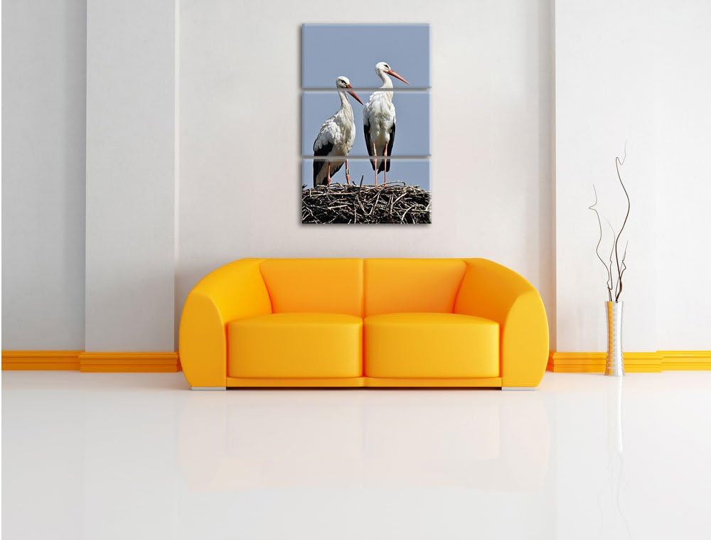 Pixxprint Zwei stolze Störche im Nest 3-Teiler Leinwandbild 120x80 Bild auf Leinwand, riesige Bilder