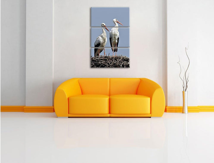 Pixxprint Zwei stolze Störche im Nest 3-Teiler Leinwandbild 120x80 Bild auf Leinwand, riesige Bilder